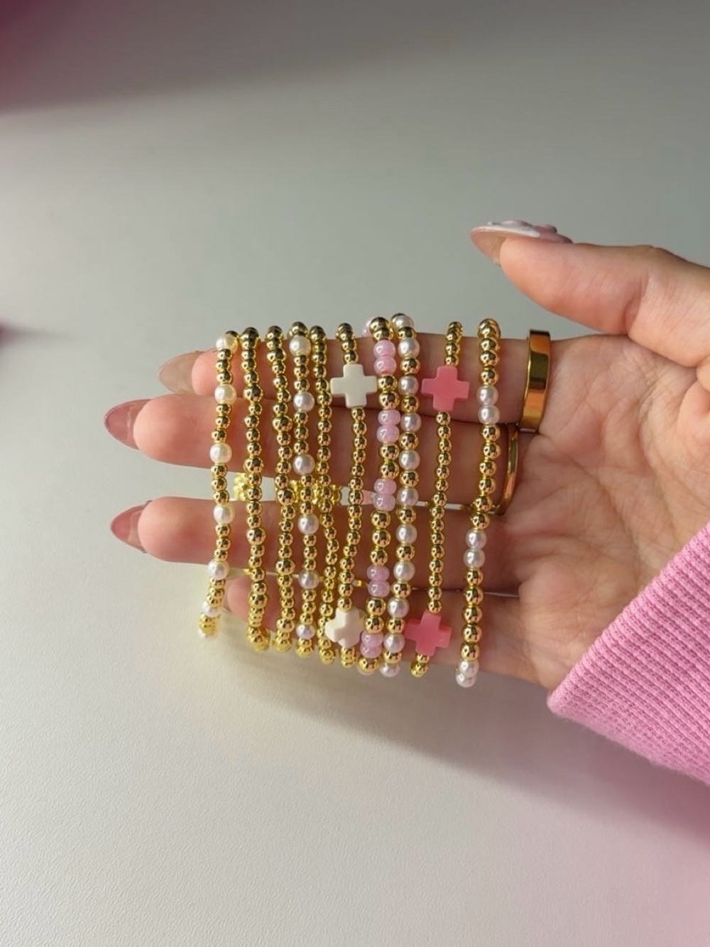 Gold & Pink Cross Beaded Bracelet Set - Women Jewelry